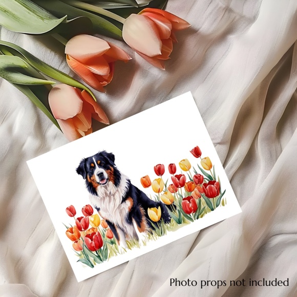 Bernese Moutain Dog in a Field of Tulips, Spring Collection Blank Note Card Set - Picture 3 of 12